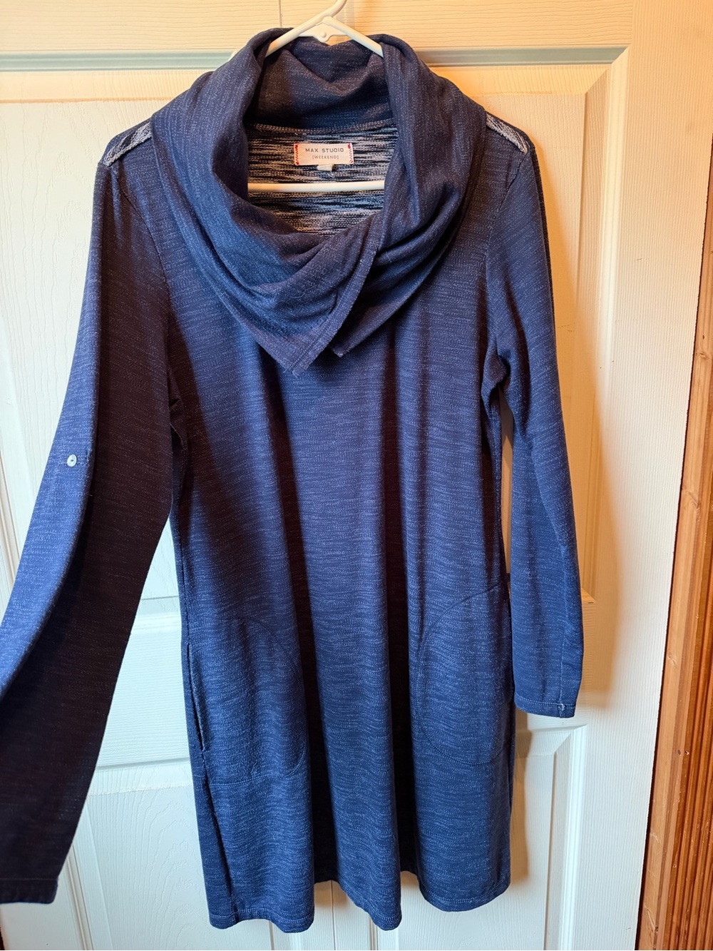 Max Studio Navy Heathered Cowl Neck Long Sleeve Dress